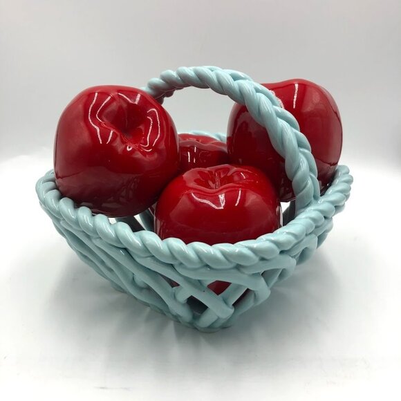 Grace's Pantry Light Blue Hand Woven Ceramic Basket With 4 Faux Apples - Picture 3 of 15